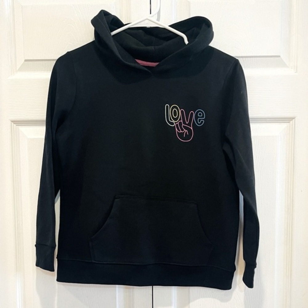 Cat & Jack Girls L(10-12) Black Fleece Pullover Hoodie Sweatshirt "Peace"